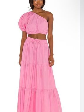 Pink One-Shoulder Tiered Maxi Skirt Set